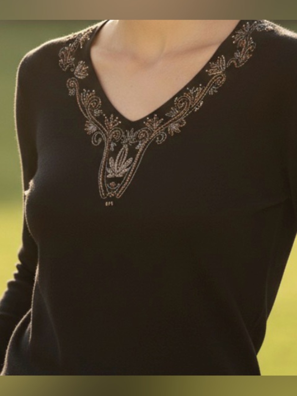 Elegant Vintage Black Elegant Long Sleeve Beaded D V Neck Formal Sweater